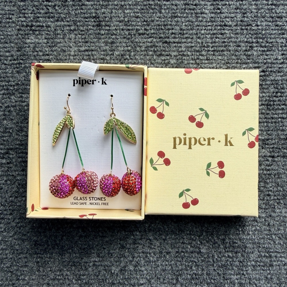 Piper K Rhinestone Sparkling Pink Glass Stone Cherry Drop Earrings New In Box